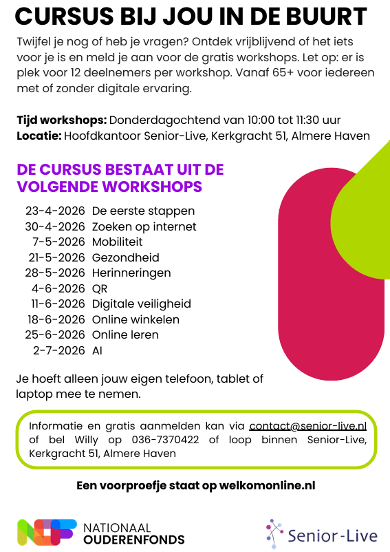 Overzicht workshops Welkom Online start 23-4-26 in Almere bij Senior-Live